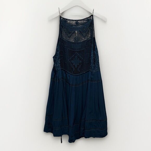 FREE PEOPLE Womens Lace Teal Blue Emily Mini Dress Large Beachy Boho Festival - Picture 3 of 11